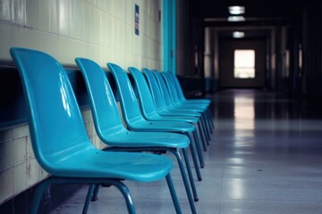 Row of blue chairs in a hallway on white background on transparent background