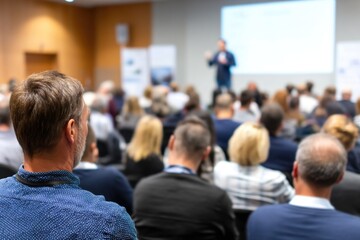 A speaker presents at a business event in a conference hall, while an audience of unrecognizable individuals listens attentively. This scene embodies the essence of business and entrepreneurship.--ar
