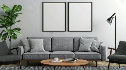 Modern Scandinavian Living Room with Blank Picture Frame Mockup on Gray Wall - Minimalist Home Staging and Interior Design