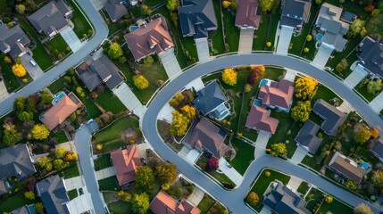 Autumn Aerial View of Suburban Neighborhood with Winding Roads