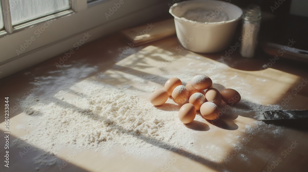 Poster fresh eggs rest on a flour dusted wooden countertop, bathed in sunlight streaming through a nearby w