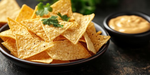 Delicious tortilla chips served with creamy dip garnished with cilantro on a dark wooden table
