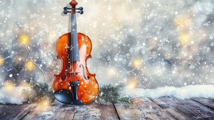Fototapeta premium Watercolor Violin Christmas Scene - A beautiful watercolor violin rests on a wooden floor amidst a snowy Christmas scene, symbolizing music, winter, holidays, peace, and artistry