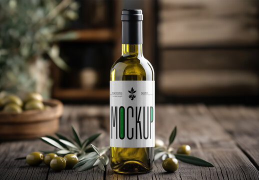 Rustic Olive Oil Bottle Mockup &ndash; Vintage Kitchen Scene with Wooden Background, Green Olives, and Realistic Glass Packaging for Mediterranean Food Branding