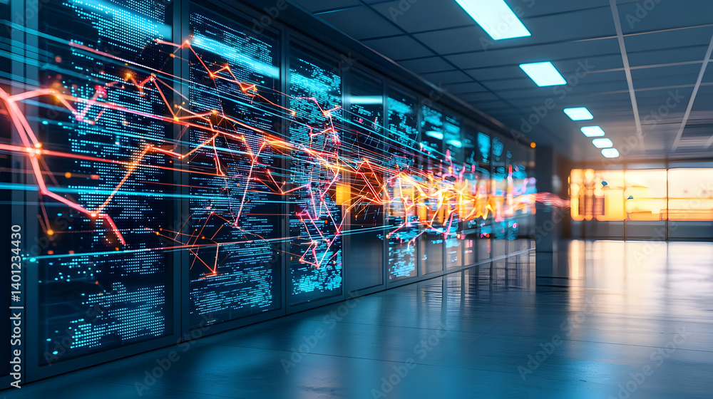 Aufkleber modern data center corridor with illuminated panels and digital graphics