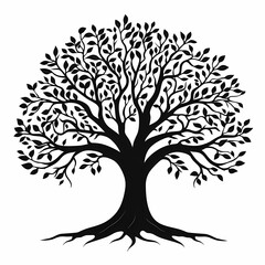 Obraz premium Black Silhouette Tree Illustration: Organic Nature Art with Lush Leaves and Scenic Roots Vector Design