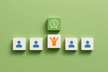 Highlighted individual standing out among a group of people, connected to a financial target icon, representing personal success, recognition, or financial goal achievement.