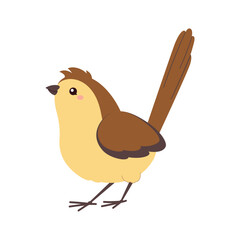 Cute brown bird with long tail, standing on white background. Adorable and simple flat animal illustration, perfect for children’s designs, prints, and educational materials.