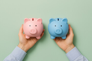 Hands holding pink and blue piggy banks representing financial planning, comparison, or savings goals.