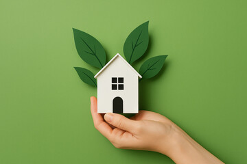 Hand holding eco-friendly house model with green leaves symbolizing sustainable living and environmental responsibility.