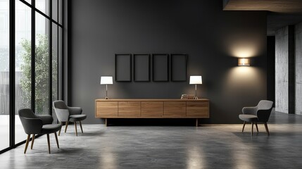 Sleek Luxury Living Room Interior Mockup with Black Walls, Stylish Chair and Wooden Console - Generative AI Design