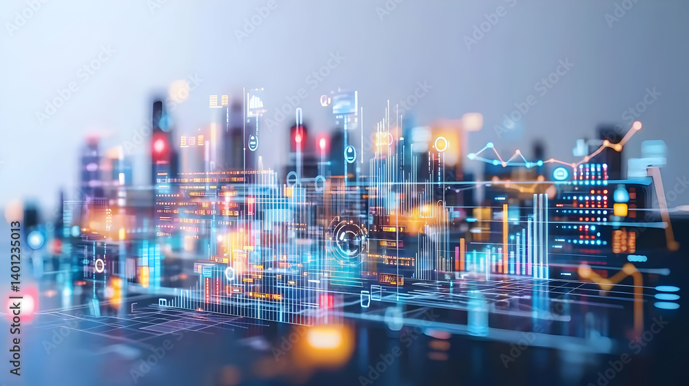 Poster abstract futuristic cityscape with data visualizations
