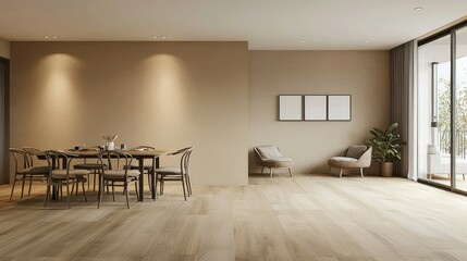 Stylish Modern Apartment Interior Panoramic Dining Room with Table and Chairs, Spacious Living Room featuring Dark Walls - 3D Rendering