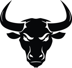 Stylized Black Bull Head Logo Design with Sharp Horns on Transparent Background