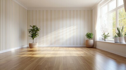 Stylish Potted Plants Enhance an Empty Living Room with Green Walls and Hardwood Flooring Generative AI