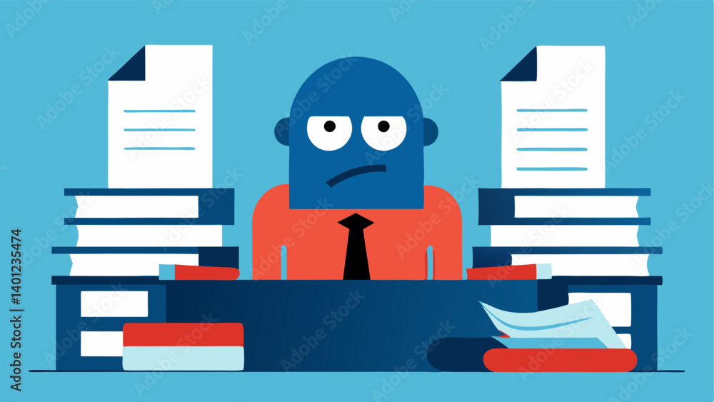 Poster mountain of tasks the character is depicted sitting at a desk surrounded by stacks of papers and fil