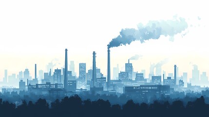 Fototapeta premium Industrial Cityscape with Factory Smoke and Skyline Silhouette: Urban Environmental Impact in Modern Blue Tones