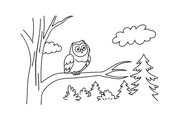 Owl On Branch Line Art Woodland Scene Educational Resource Black And White