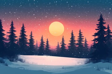 Naklejka premium Winter Sunset in Snowy Forest. Mystical Moonlit Landscape with Vibrant Colors