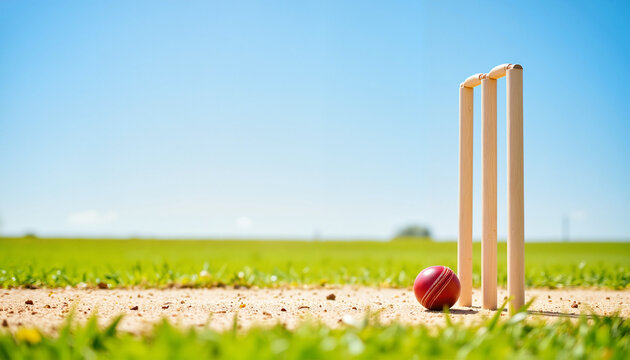 Cricket Wicket and Ball on Grassy Field Under Clear Blue Sky for Sports Blogs, Outdoor Activities, Cricket Education, Field Day Promotions, and Social Media Content - Powered by Adobe