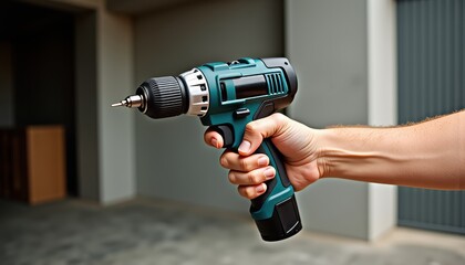 Hand holding teal cordless drill against blurred background