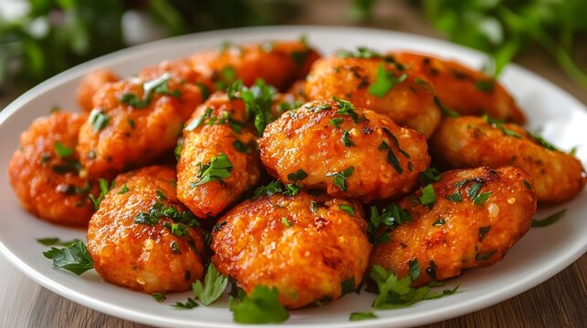 Spicy Turkish bulgur dumplings (s?kma k?fte) with red pepper sauce and parsley on a white plate