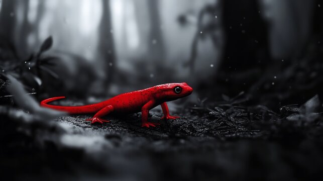 Red salamander amphibian wildlife nature animal bright color contrast black background forest creature outdoor  - Powered by Adobe