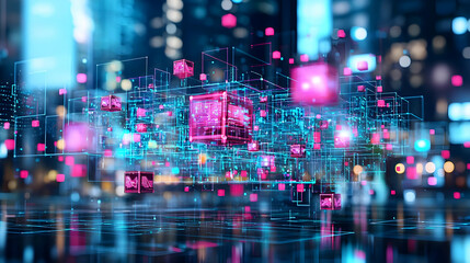 Futuristic Digital Cityscape With Glowing Pink Cubes