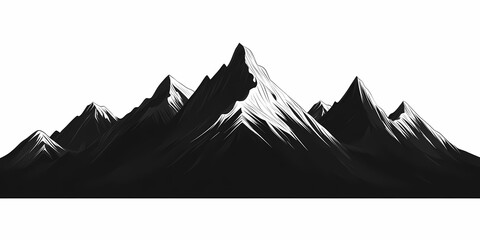 Majestic Black and White Mountain Landscape Illustration: Minimalist Nature Art of Snow-Capped Peaks and High Altitude Adventure