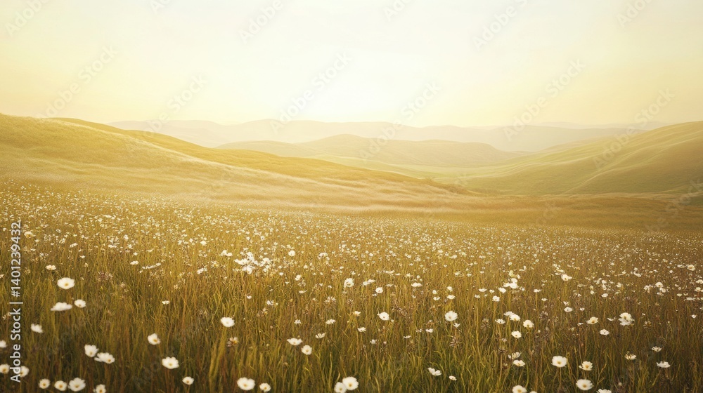 Poster rolling hills adorned with tiny flowers create a serene landscape in muted earth tones during golden