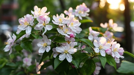 Delicate white and pink blossoms with yellow centers bloom on a branch, bathed in soft sunlight and surrounded by green leaves
