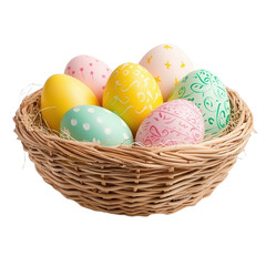 easter festival concept Colorful Easter eggs in a woven basket on a black background. isolated on white background