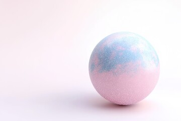 Pastel pink and blue speckled Easter egg rests on a white background, minimalist design.