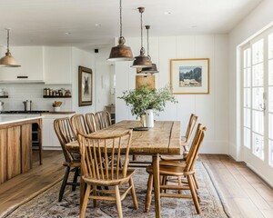 Bright Rustic Farmhouse Dining Room with Wooden Table and Chairs