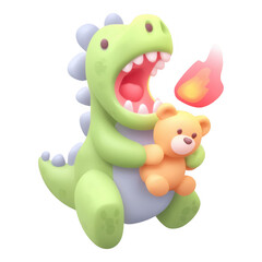 Obraz premium 3D Cartoon Illustration of a Mischievous Baby Dragon Blowing Flames with Teddy Bear in Playful Realm, Isolated on Transparent Background
