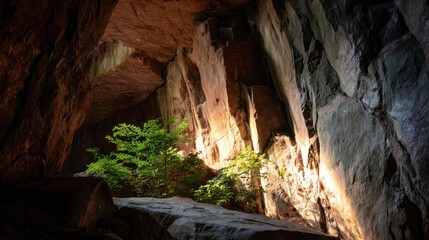 A cave interior showcasing a warm light illuminating a portion of the rock surface, creating a beautiful interplay of shadows and light, with some greenery visible inside.