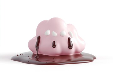 Fototapeta premium A pink cloud-shaped confection drizzled with chocolate, melting on a white background.