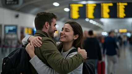 Happy couple joyfully hugging and looking at each other in an airport terminal, close-up shot showcasing emotional connection and the excitement of travel or reunion situations - Powered by Adobe