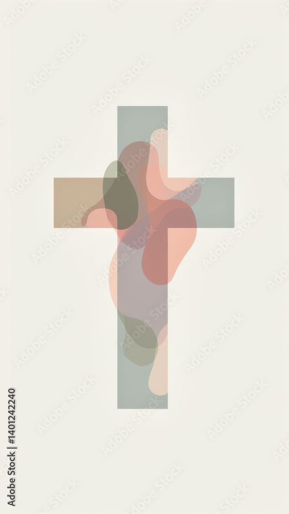 Poster pixelated image featuring a christian cross with an abstract figure that resembles a man.