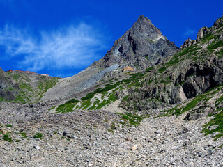 槍ヶ岳と稜線の山小屋