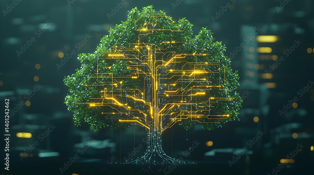 Poster digital tree with glowing circuit lines in futuristic cityscape