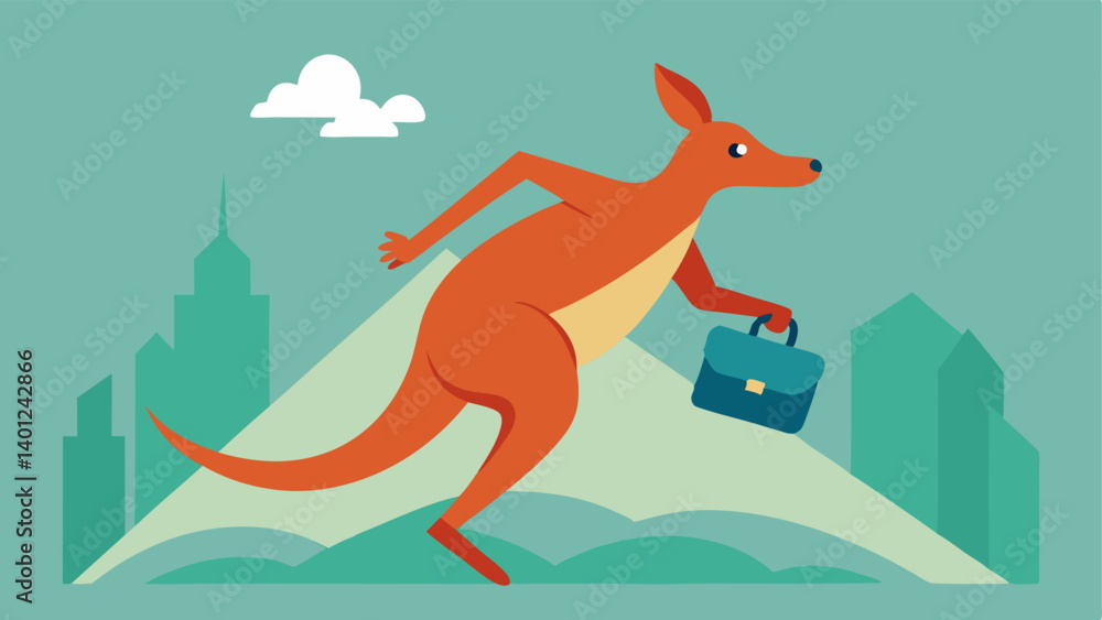 Poster kangaroo in motion an energetic kangaroo leaps forward with its briefcase held tightly in one paw. t