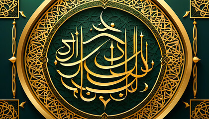 Golden Calligraphy on Emerald: Intricate Circular Design with Ornamental Border