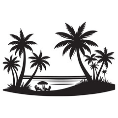 Tropical Beach Palm Trees Silhouette Vector Landscape Illustration
