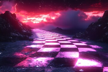 A retro-futuristic Memphis web banner with checkerboard patterns, chrome finishes, and pixelated glitches, 80s synthwave vibe, neon pink and cyan, dramatic side lighting