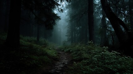 Fototapeta premium A dark and mysterious forest with a path leading into the unknown.