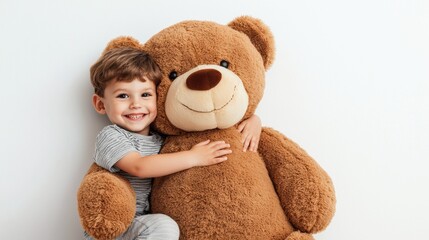 A cheerful child hugs a large teddy bear, showcasing a moment of joy and friendship between a kid and their beloved toy.
