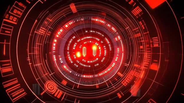 Abstract red tech interface with circular pattern glows with intricate detail on a complex background