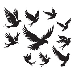 Collection of Dove Birds Flying Silhouette Vector Illustration Set