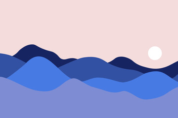 Blue mountain landscape background or ocean waves at sunrise in flat style. Illustrations of abstract, minimalistic calm and serene scene.